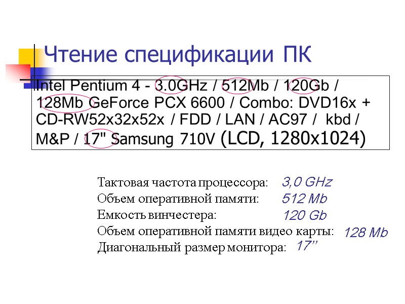 Чтение спецификации ПК Intel Pentium 4 - 3.0GHz / 512Mb / 120Gb / 128Mb